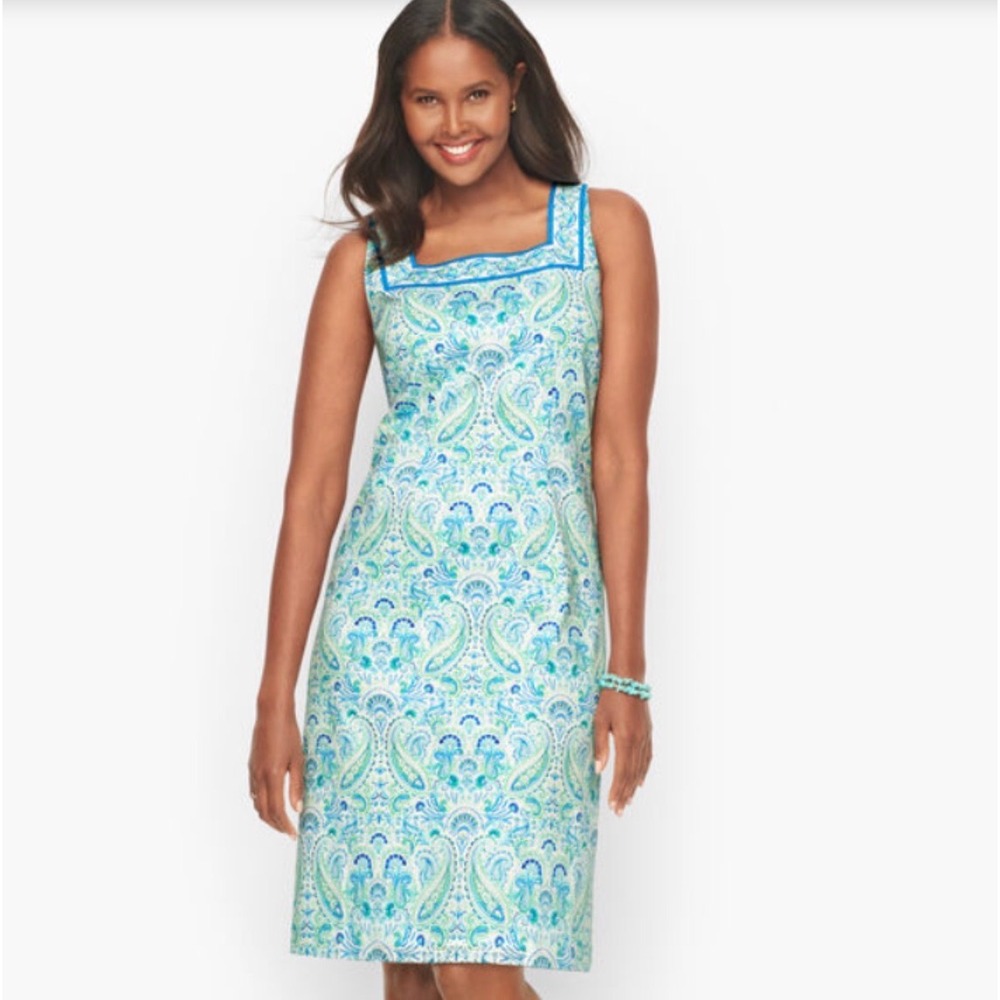 Talbots Womens Blue Green Paisley Cotton‎ Shift Dress Square Neck Size 6